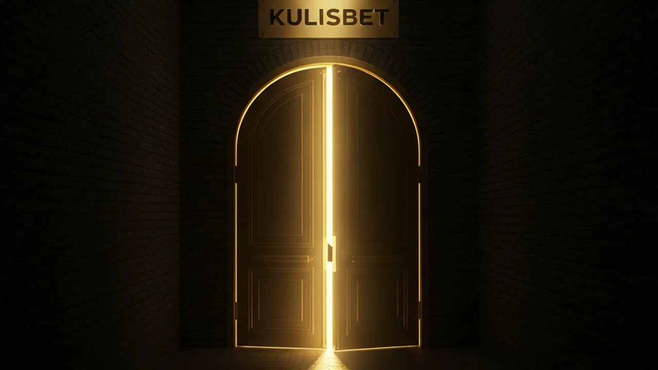 Üstünde Kulisbet plakası olan altın ışıklı çift kanatlı kapı