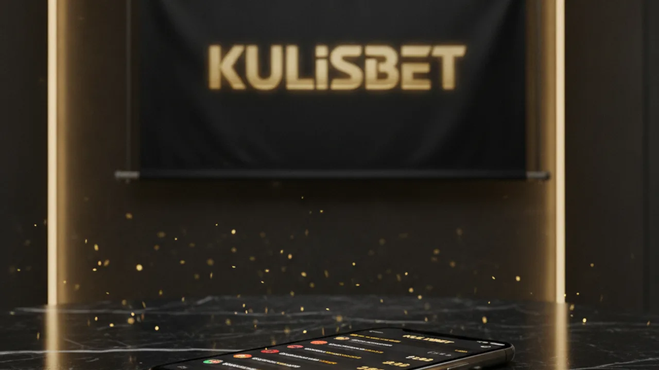 Kulisbet afişi önünde siyah mermer masada duran akıllı telefon